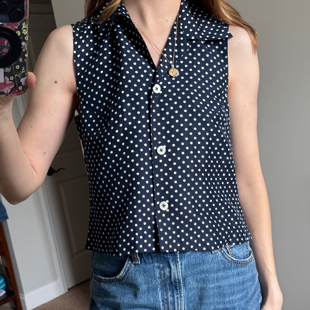 Vintage Silk Polka Dot Sleeveless Button Down Top